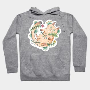 Cute Cat Rolling on its Back Surrounded by Floral Elements Hoodie